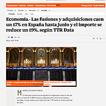 Las fusiones y adquisiciones caen un 17% en Espaa hasta junio y el importe se reduce un 19%, segn TTR Data